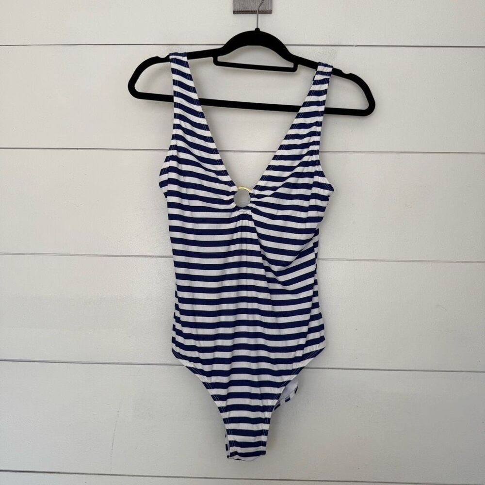 Jones New York Women’s Large Navy Blue White Striped One Piece Swim